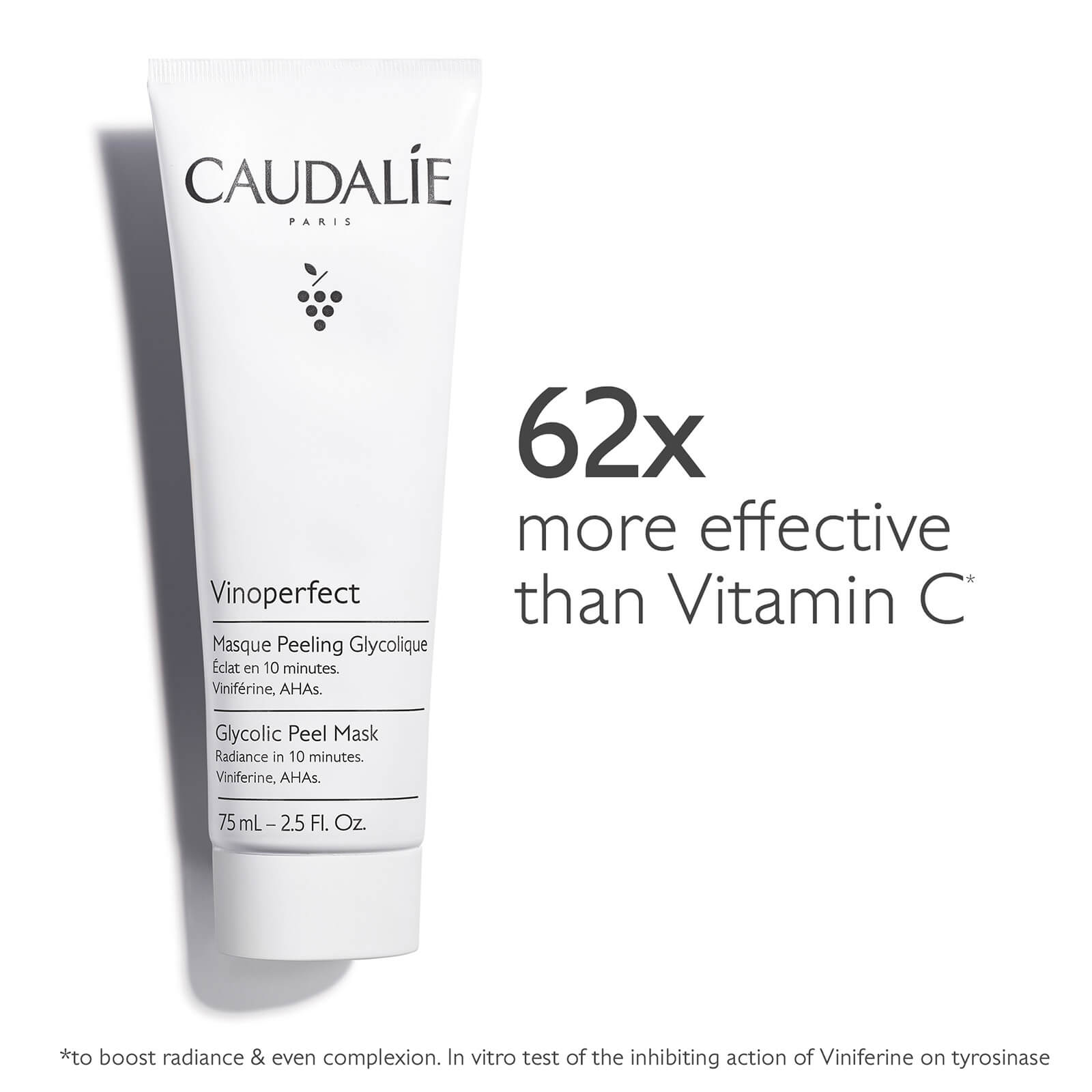 62x more effective than Vitamin C, *to boost radiance & even complexion. In vitro test of the inhibiting action of Viniferine on tyrosinase