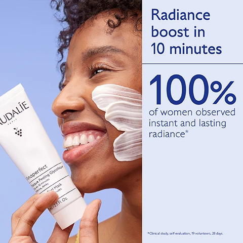 image 1, radiance boost in 10 minutes. 100% of women observed instant and lasting radiance. image 2, viniferine = 62 times more effective than vitamin c corrects and prevents dark spots. AHAs = improves skin texture. glycolic acid (AHA) = eliminates dead skin cells and brings radiance. image 3, how to recycle vinoperfect mask - 1 = recycle the whole packaging (tube and cap) with terracycle. image 4, vinoperfect night routine. glycolic peel mask 2 times a week. brightening dark spot serum. dark spot correcting glycolic night cream.
