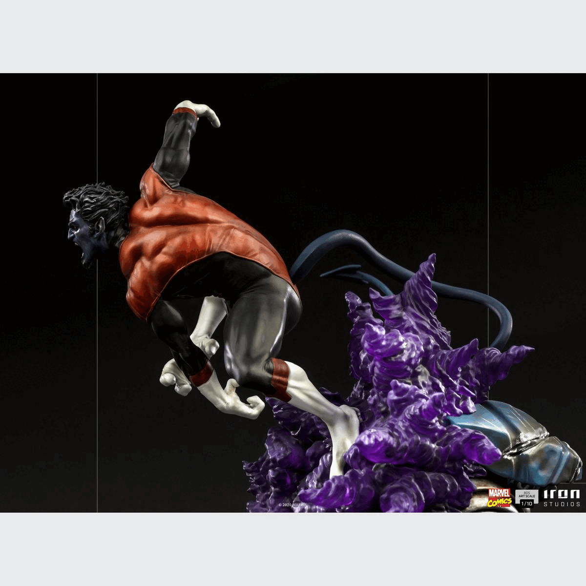 Gif showing the Nightcrawler statue from multiple angles. Text on screen reads, Marvel Comics, BDS Art Scale 1/10. Iron Studios