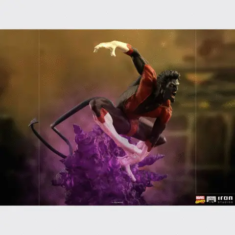 Gif showing the Nightcrawler statue from multiple angles. Text on screen reads, Marvel Comics, BDS Art Scale 1/10. Iron Studios