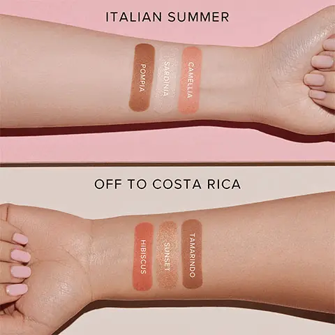 Image 1, swatches of the shades modelled across the forearms of two different models. Text- Italian Summer, shades- Camellia, Sardina, Pompia. Off to Costa Rica, shades- Tamarindo, Sunset, Hibiscus. Image 2, 3 step guide to get the look. Italian Summer.