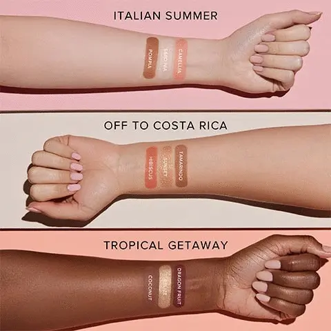This image details all three shades, Italian Summer, Off to Costa Rica and Tropical Getaway. Italian Summer has its three shades displayed on one arm, the shades are camellia, sardinia and pompia. This is at the top of the page. In the middle on another arm are the shades for off to costa rica: hibiscus, sunset and tamarindo. At the bottom is an arm with the shades for tropical getaway: coconut, belize and dragon fruit.