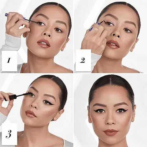 This image shows four steps of applying the eyeliner and then the mascara included in this kit. For step 1, the model starts by using the eyeliner to line just above the top lash line, she is using her right hand and is applying this black eyeliner to her right eye lid. In the second photo, she has create a flick with the eyeliner dragging the colour up to a point that stops a couple of centimetres short of the tip of her eyebrow. In the third step photo she is applying the mascara. This is typically by applying from the base of the eyelashes and brushing upwards. In the fourth step photo we see the final look and she has now applied this to both eyes. This is a head on photo so we can see that both eyes have been lined with the black eyeliner in the cat eye fashion, and the eyelashes look fuller now that mascara has been applied to the top and bottom lashes.