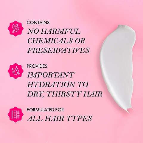 Image 3 - An image featuring a creamy hair product swatch on a pink background with text reading contains no harmful chemicals or preservatives, provides important hydration to dry, thirsty hair, and formulated for all hair types.
              Image 4 - Image of a bottle of Mielle Avocado Moisturizing Hair Milk placed next to a halved avocado, with a bright pink background, and text that says: HOW TO USE, Use as a daily moisturiser to hydrate dry thirsty hair, Can be used to seal ends and to refresh curls, Can be used along with the white peony leave in conditioner.