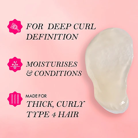 Image 3 - A creamy hair product is shown on a light pink background, with text stating for deep curl definition, moisturises and conditions, and made for thick, curly type 4 hair.
              Image 4 - An image featuring a jar of Mielle Pomegranate & Honey Coil Sculpting Custard with a gold lid, surrounded by drips of honey and pomegranate seeds on a light pink background; visible text includes instructions on how to use the product.