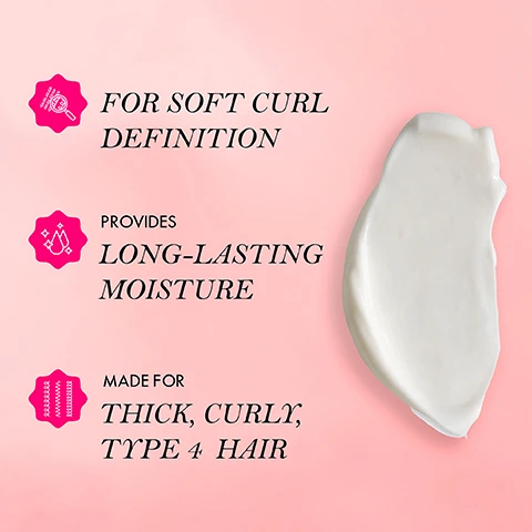 Image 3 - A creamy hair product is shown against a pink background, with text stating FOR SOFT CURL DEFINITION, PROVIDES LONG-LASTING MOISTURE, and MADE FOR THICK, CURLY, TYPE 4 HAIR.
              Image 4 - A bottle of Mielles Pomegranate & Honey Curl Smoothie is shown beside a whole pomegranate and its seeds, with instructions on how to use it that read: Apply to towel-dried hair. Divide hair into sections. Smooth product onto hair from root to tip, concentrating on problem areas. Do not rinse. Style as desired.