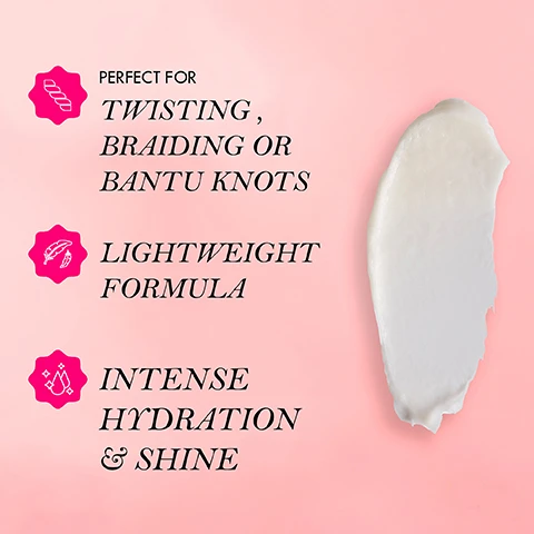 Image 3 - An image shows a creamy hair product smeared on a light pink background, accompanied by text that reads perfect for twisting, braiding or bantu knots, lightweight formula, and intense hydration & shine.
              Image 4 - An open jar of Mielle Twisting Soufflé sits on a pink surface, surrounded by pomegranate halves and honey drips, with text above it that reads HOW TO USE followed by instructions for applying the product.