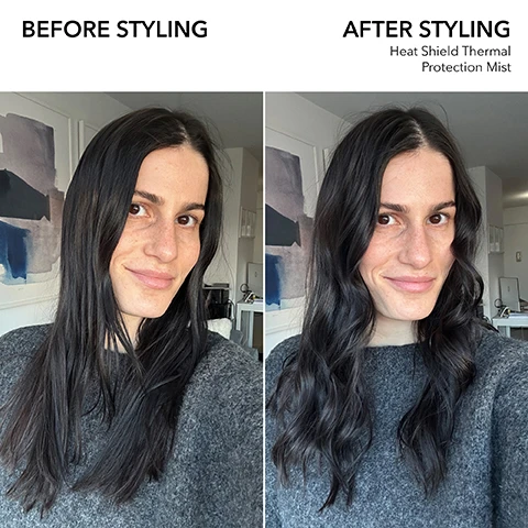 Image 1 - A woman with long dark hair is shown in two images side by side; the left shows her hair straight before styling, and the right displays her hair in loose waves after styling, with visible text reading BEFORE STYLING on the left and AFTER STYLING with Heat Shield Thermal Protection Mist on the right.
              Image 2 - A bottle of Bumble and Bumble Heat Shield Thermal Protection Mist against a neutral background, featuring the text HEAT PROTECTION SPRAY and PROTECTS AGAINST HEAT TOOLS UP TO 450°F/232°C.