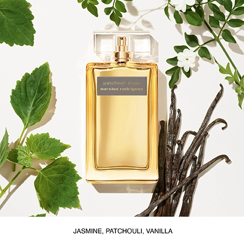 A golden perfume bottle labeled patchouli musc narciso rodriguez is surrounded by green leaves and vanilla pods, with the words JASMINE, PATCHOULI, VANILLA visible below.