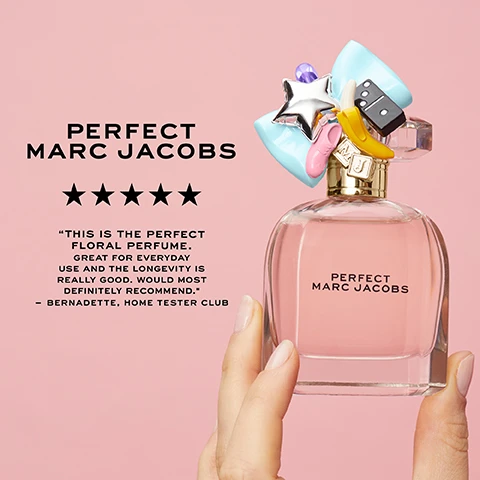 Image 3 - A hand holds a pink perfume bottle with a decorative cap featuring a blue bow, silver star, purple gem, pink ballet shoe, yellow banana, and a black domino, against a pink background, with the text Perfect Marc Jacobs, five stars, This is the perfect floral perfume. Great for everyday use and the longevity is really good. Would most definitely recommend. - Bernadette, Home Tester Club visible. Image 4 - A three-panel image on a pink background displays fragrance notes: the left panel shows a white daffodil with a yellow center and a red rhubarb stalk labeled TOP NOTE RHUBARB & DAFFODIL; the middle panel shows white liquid splashes labeled HEART NOTE ALMOND MILK; and the right panel shows a piece of brown wood labeled BASE NOTE CASHMERAN.