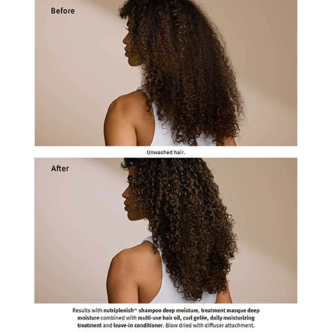Image 1 - Image showing a side view of a person with curly hair before and after using hair products; the top section labeled Before features unwashed hair, while the bottom section labeled After displays the same person with well-defined, moisturized curls, accompanied by text describing the results using nutrient-rich products.