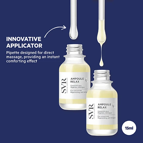 image 1, innovative applicator - pipette designed for direct massage, providing an instant comforting effect. image 2, night eye serum core formula. post biotic - corrects dark circles and under eye bags by enhancing micro circulation. 0.3% GABA - acts as a skin relaxant, smoothing wrinkles and fine lines. image 3, 8 hour hydration. safe for sensitive eyes, tested dermatologically and opthalmologically. suitable for contact lens wearers. texture - soothing oleogel night serum. proven efficiacy = -15% reduction in dark circle surface area and colour. -15% reduction in under eye bags. -17% reduction in wrinkles and crow's feet. 23% smoother skin around the eyes. image 4, how to use = in the evening, apply a small amount of serum around the eyes using the pipette, then massage with the smooth tip, finish by using your fingertips until fully absorbed. image 5, routine for eyes. night - ampoule relax, night = relax muscles and stimulate skin repair. ampoule refresh - morning: awaken and revitalise tired or puffy eyes.