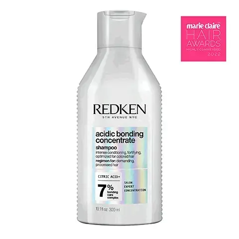 Image 1, marie claire Award 2022. Image 2, Acidic bonding concentrate shampoo. 11 times smoother, 56% less breakage, silky finish and glossy shine, stronger looking hair immediate results. Image 3, 2 times stronger looking hair, glossy shine, 14 times smoother, 78% less visible split ends. Image 4, redken acidic bonding concentrate helps rebalance pH levels for healthier looking hair. Image 5, protects weak bonds for damaged hair. Mild dryness and damage use intensive pre-treatment with any redken shampoo. Severe dryness and damage, use intensive pre treatment with the full acidic bonding concentrate system. Image 6, Acidic Bonding Concentrate, get instantly healthy-looking hair. ELLE Future of Beauty Winner 2022, Marie Claire Hair Awards Highly Commended 2022, woman&home Beauty Awards Winner 2022