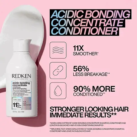 Image 1, Acidic bonding concentrate conditioner. 11 times smoother, 56% less breakage, silky finish and glossy shine, stronger looking hair immediate results. Image 2, 2 times stronger looking hair, glossy shine, 14 times smoother, 78% less visible split ends. Image 3, redken acidic bonding concentrate helps rebalance pH levels for healthier looking hair. Image 4, protects weak bonds for damaged hair. Mild dryness and damage use intensive pre-treatment with any redken shampoo. Severe dryness and damage, use intensive pre treatment with the full acidic bonding concentrate system. Image 5, Acidic Bonding Concentrate, get instantly healthy-looking hair. ELLE Future of Beauty Winner 2022, Marie Claire Hair Awards Highly Commended 2022, woman&home Beauty Awards Winner 2022