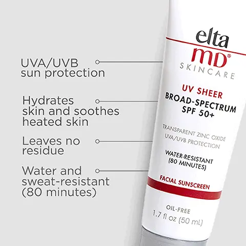 Image 1, UVA/UVB sun protection, hydrates skin and soothes heated skin, leaves no residue and water and sweat resistant 80 minutes. Image 2, number 1 dermatologist recommended, trusted, personally used professional sunscreen brand. Image 3, formulated with hyaluronic acid to reduce the appearance of fine lines and wrinkles. Image 4, think zinc oxide natural mineral compound that works as a sunscreen agent by reflecting and scattering UVA and UVB rays. Image 5, active ingredients 15% zinc oxide 10% octocrylene. Image 7, Trusted by Dermatologists. Loved by skin. For over 30 years, EltaMD has been creating innovative products that cater to all skin types and conditions, from cosmetically elegant sunscreen to skincare that repairs and rejuvenates skin. Image 8, Free From oxybenzone parabens ◇ fragrances ◇ dyes. Image 9, complete your regimen