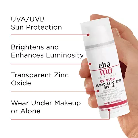 Image 1, UVA/UVB sun protection, brightens and enhances luminosity, transparent zinc oxide, wear under makeup or alone. Image 2, number 1 dermatologist recommended, trusted, personally used professional sunscreen brand. Image 3, formulated with hyaluronic acid to reduce the appearance of fine lines and wrinkles. Image 4, Recommended skin cancer foundation daily use. Recommended as an effective broad-spectrum sunscreen. Image 5, made with zinc oxide, natural mineral compound that works as a sunscreen agent by reflecting and scattering IVA and UVB rays. Image 6, UV DAily, UV Clear, UV Elements, UV Glow, UV Physical, UV luminous and UV Restore. Image 7, verified customer review: This sunscreen is one of the best ive used - its not greasy at all and doesnt smell like regular sunscreen. it also moisturizes my skin at the same time and leaves it looking great. Image 8, Paraben free, dermatologically tested, gluten free,noncomedogenic, oil free, alchol free, fragrance free, dye free and sensitivity free. Image 9, complete your regimen, UV glow, foaming facial cleanser, AM therapy, UV lip balm sunscreen and UV active. Image 10, active ingredients, 20.15% zinc oxide