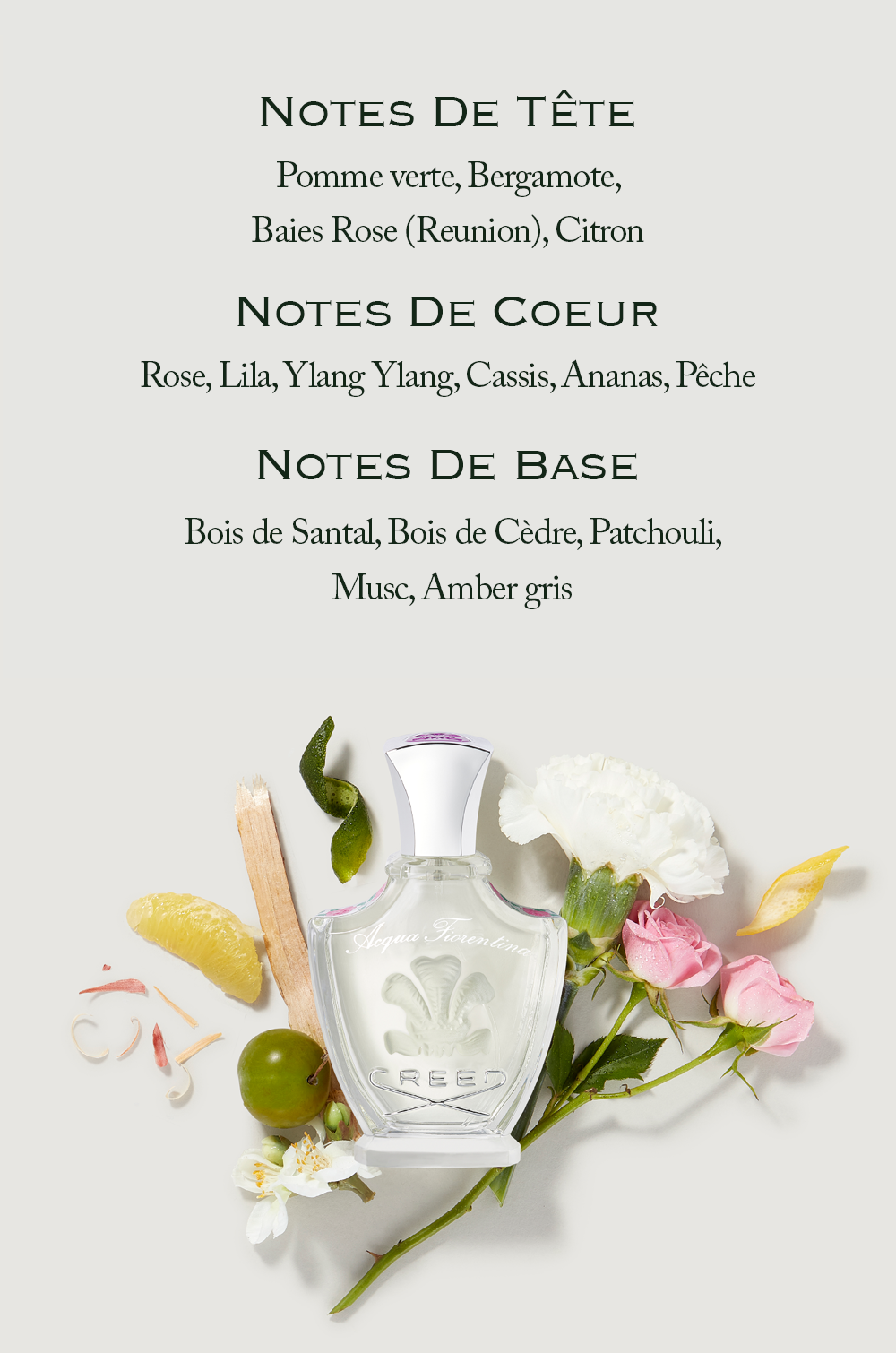 A perfume bottle labeled Acqua Fiorentina Creed is surrounded by fruit, flowers, and wood alongside text listing fragrance notes NOTES DE TÊTE Pomme verte Bergamote Baies Rose Reunion Citron NOTES DE COEUR Rose Lila Ylang Ylang Cassis Ananas Pêche NOTES DE BASE Bois de Santal Bois de Cèdre Patchouli Musc Amber gris.