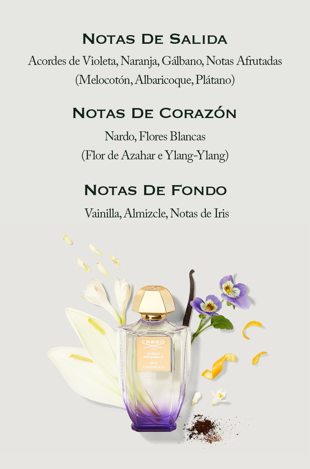 An image shows a bottle of Creed Iris Tubereuse perfume surrounded by flowers and a vanilla bean, with text above describing the fragrance notes NOTAS DE SALIDA Acordes de Violeta, Naranja, Gálbano, Notas Afrutadas (Melocotón, Albaricoque, Plátano) NOTAS DE CORAZÓN Nardo, Flores Blancas (Flor de Azahar e Ylang-Ylang) NOTAS DE FONDO Vainilla, Almizcle, Notas de Iris.