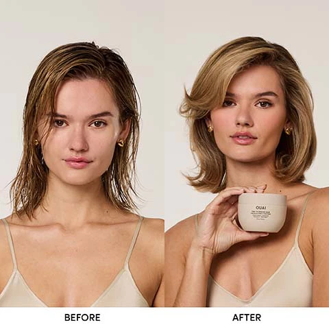 Image 1 - A split image shows a woman with wet, dark blonde hair on the left, labeled BEFORE, and on the right, labeled AFTER, she has voluminous, lighter blonde hair while holding a beige product jar that reads OUAI THICK HAIR TREATMENT MASK. Image 2 - A visual guide from OUAI titled Find Your Ouai showing a hair strand test with three women representing fine, medium, and thick hair types, each paired with their recommended Ouai shampoo and conditioner, with text that reads: OUAI, FIND YOUR OUAI, GET A SHAMPOO & CONDITIONER TO MEET THE DEMANDS OF YOUR STRANDS BASED ON YOUR HAIR TYPE, TAKE OUR STRAND TEST!, TAKE A SINGLE STRAND OF HAIR BETWEEN YOUR FINGERS. WHAT DO YOU FEEL?, BARELY ANYTHING, OH YEAH, ITS THERE, NO DENYING THIS THICKNESS, FINE, MEDIUM, THICK, FINE SHAMPOO + CONDITIONER, MEDIUM SHAMPOO + CONDITIONER, THICK SHAMPOO + CONDITIONER. Image 3 - A woman with wet hair covered in a white hair treatment masque, wearing a gold earring, with text on the left stating: Treatment Masque, Key Benefits, Provides hydration for dry, damaged hair, Strengthens with proteins to prevent breakage, Leaves hair healthy with a shiny finish.