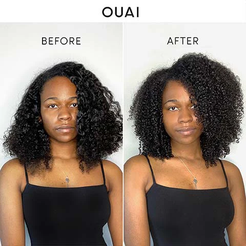 Image 1 - A split image shows a woman with her hair before and after a transformation, where the left side displays less defined curls and the right side shows more voluminous and defined curls, with text OUAI BEFORE AFTER. Image 2 - A split image shows a woman with frizzy curly hair on the left and defined, coily curly hair with gold hoop earrings and a pendant necklace on the right, with the text OUAI BEFORE AFTER. Image 3 - A split image shows a woman with curly hair before and after treatment, her hair on the left is less defined, and on the right it is more voluminous with bangs. OUAI BEFORE AFTER Image 4 - A woman shows a before and after comparison of her curly hair, with a serious expression and shoulder-length curls on the left and a smiling expression with voluminous, full curls and bangs on the right, with the text OUAI BEFORE AFTER. Image 5 - A split image shows a woman with frizzy blonde hair on the left and bouncy, defined blonde curls on the right, with the text OUAI BEFORE AFTER. Image 6 - A before and after comparison shows a woman with medium brown curly hair; on the left her hair appears frizzy and less defined, and on the right her hair looks more hydrated with defined curls, featuring the text OUAI BEFORE AFTER.