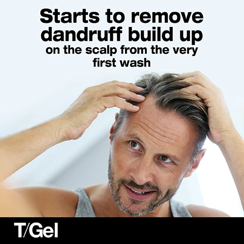 Image 1, starts to remove dandruff build up on the scalp from the very first wash. image 2, explore the t/gel daily range. image 3, developed with dermatologists. image 3, helps repair dry and damaged hair. image 4, starts fighting dandruff from the very first use.
