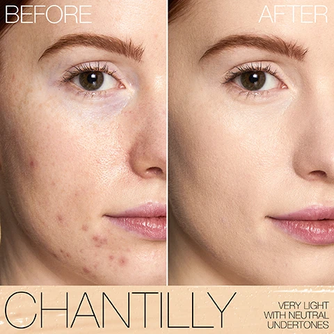 Image 1 - Image showing a side-by-side comparison of a womans face labeled Before on the left and After on the right, with visible skin imperfections on the left and a smooth complexion on the right, along with the text CHANTILLY and VERY LIGHT WITH NEUTRAL UNDERTONES at the bottom.
              Image 2 - Three arms showing various skin tones and swatches of foundation shades are displayed, with labels on the left arm including Chantilly, Affogato, Vanilla, Nougatine, Madeleine, Café au Lait, Crème Brûlée, Café con Leche, Cannelle, Marron Glacé, and Honey; the middle arm includes Crema Catalana, Custard, Toffee, Macadamia, Tiramisu, Ginger, Praline, Biscuit, Sucre dOrge, and Caramel; and the right arm shows Chestnut, Walnut, Truffle, Amande, Hazelnut, Chocolat, Café, Cacao, and Dark Coffee.
              Image 3 - An arrangement of concealer tubes against a light background with large text stating #1 CONCEALER IN THE U.K.*, 16-HOUR WEAR, 24-HOUR HYDRATION, and CREASE-RESISTANT, along with a footnote about the source of the information.
              Image 4 - Image shows six faces of diverse women smiling, with sections labeled at the bottom indicating specific skin concerns: REDNESS, UNDEREYE CIRCLES, FINE LINES, and BLEMSHES.
              Image 5 - A creamy beige makeup product is swiped across the image with a brush applicator, accompanied by the text stating radiant results, evens skin tone with mineral-tone balancing powder, smooths the look of skin with light-diffusing mineral powder, and hydrates and firms with a multi-active botanical blend.
              Image 6 - A grid of eight headshots of individuals showcasing different skin tones labeled as light shades, including Chantilly, Affogato, Vanilla, Nougatine, Madeleine, Café au Lait, Crème Brulée, Café con Leche, Cannelle, Marron Glacé, and Honey, with descriptions of their undertones.
              Image 7 - A close-up of a woman with glowing skin holding a makeup product, with the text SWIPE ON, SWEAR BY. 97% agree this product is lightweight and comfortable* 95% agree their skin looked smoother* 93% agree it brightens the eye area* displayed alongside her.
              Image 8 - Image shows a three-part comparison of a womans face labeled Before, Application, and After, highlighting the effects of makeup, with visible text indicating that the model is wearing Radiant Creamy Concealer and Pure Radiant Tinted Moisturizer.
              Image 9 - An infographic comparing shades of NARS Light Reflecting Foundation and Radiant Creamy Concealer, featuring shade names like Siberia, Oslo, Affogato, and Chantilly.
              Image 10 - The image features various NARS cosmetic products including a glass bottle of Light Reflecting Foundation, a compact of Light Reflecting Setting Powder, a tube of Radiant Creamy Concealer, and a jar of Light Reflecting Eye Brightener, with text describing each products benefits.