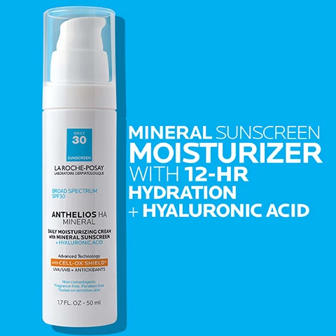 Image 1, mineral sunscreen moisturizer with 12 hour hydration and hyaluronic acid. Image 2, cell-ox shield technology UVA/UVB protection and antioxidants and hyaluronic acid. 100% mineral broad spectrum SPF 30, fast absorbing cream texture provides 12 hour hydration. Image 3, dermatologist recommended, board certified dermatologist dr rina allawh says - 100% mineral filters are opaque powders can leave an ashy purple or white cast on some skin tones. to help minimize this, i often recommend layering with a foundation or moisturizer. Image 4, it's more than mineral sun care. 100% mineral filters zinc oxide and titanium dioxide. 12 hour hydration, non greasy, moisture replenishing cream. hyaluronic acid, formula with HA ingredients known to help hydrate and plump skin. Image 5, apply to face 15 minutes before sun exposure. can be used alone or under makeup. Image 6, application tip, apply onto skin in small sections, rub well until no longer visible. Image 7, for all skin types especially dry, sensitive skin. Image 8, dermatologist tested, allergy tested, oil free and non comedogenic. recommended by 90,000 dermatologist worldwide. Image 9, recommended daily use by skin cancer foundation.