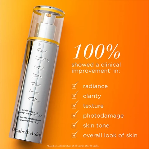 Image 1 - An image of a silver serum bottle against an orange gradient background, with text highlighting that 100% of participants showed a clinical improvement in radiance, clarity, texture, photodamage, skin tone, and overall look of skin, from a study by Elizabeth Arden.
              Image 2 - Image shows two translucent skin care gel capsules on a white background, with text indicating effectiveness: in just 2 weeks, 95% saw more refined texture, 93% saw younger, more youthful-looking skin, and 98% saw improvement in appearance of skin.
              Image 3 - Image features a vibrant orange powder splatter with the text packed with the power of IDEBENONE the single most powerful antioxidant & boosted with 10 NEW INGREDIENTS.
              Image 4 - An abstract swirl of orange dots with the text PROTECTS against environmental aggressors, CORRECTS visible signs of aging, and PERFECTS skin for a youthful glow.