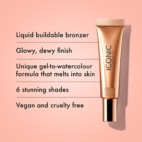 A tube of liquid bronzer labeled ICONIC LONDON on a soft pink background, accompanied by text highlighting features: Liquid buildable bronzer, glowy dewy finish, unique gel-to-watercolour formula that melts into skin, 6 stunning shades, vegan and cruelty free.