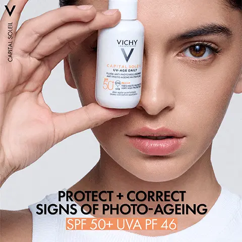 Image 1, CAPITAL SOLEIL VICHY V CAPITAL SOLEL UV-AGE DAILY PLACE ANT PHOTOVELL ANT PHOTO AGEING RATOR 50% PROTECT+CORRECT SIGNS OF PHOTO-AGEING SPF 50+ UVA PF 46 Image 2, CAPITAL SOLEIL NIACINAMIDE + PEPTIDE CORRECT WRINKLES & DARK SPOTS PROTECT AGAINST UVA & UVB Image 3, CAPITAL SOLEIL VICHY CAPITAL SOLEIL UV-AGE DAILY FLUDE ANTI-PHOTOVILLISSEMENT ANT PHOTO-AGEING WATERF 509 PA Shake well before application HYPOALLERGENIC. SUITABLE FOR SENSITIVE SKIN & EYES. TESTED BY DERMATOLOGISTS. Image 4, LIFTACTIV "With 15% pure Vitamin C and Hyaluronic Acid, I recommend LiftActiv Vitamin C serum for its antioxidant, smoothing and immediate brightening qualities." DR MARY SOMMERLAD Vichy Consultant Dermatologist