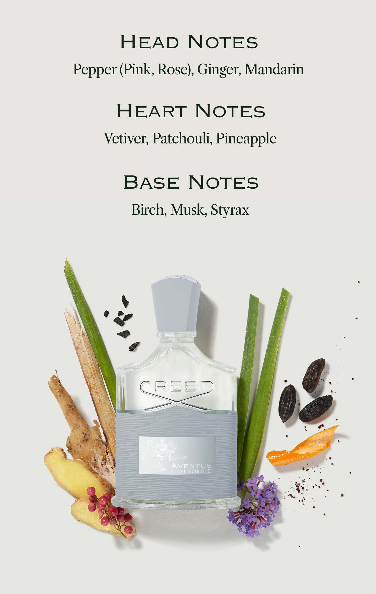 Head notes pepper (pink, rose) giner, mandarin heart notes vetiver, patchouli, pineapple base notes birch musk styrax