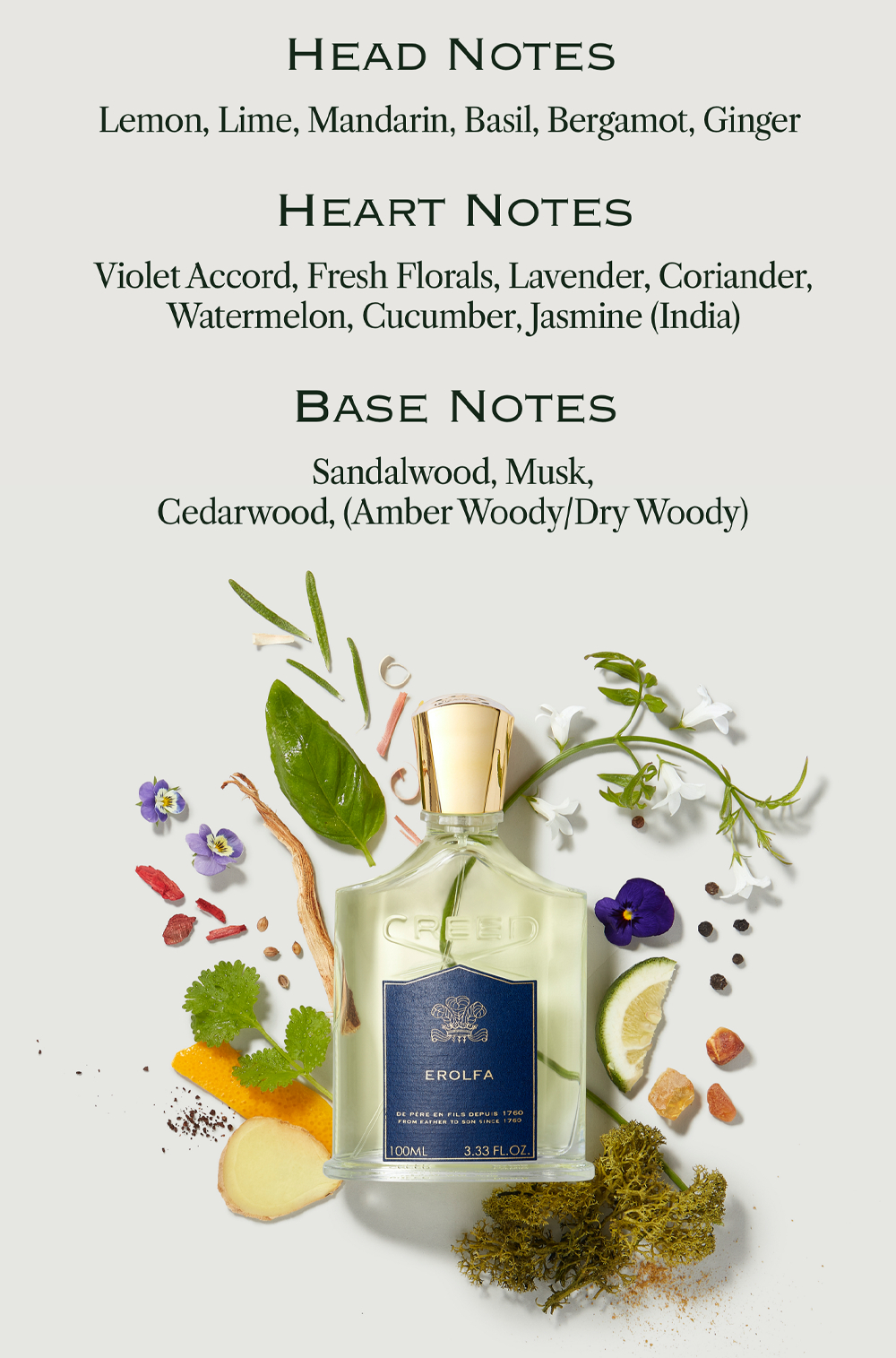 A Creed Erolfa perfume bottle is centered amongst ingredients like citrus slices, ginger, leaves, flowers, spices, and moss, with text reading HEAD NOTES Lemon, Lime, Mandarin, Basil, Bergamot, Ginger HEART NOTES Violet Accord, Fresh Florals, Lavender, Coriander, Watermelon, Cucumber, Jasmine (India) BASE NOTES Sandalwood, Musk, Cedarwood, (Amber Woody/Dry Woody) CREED EROLFA DE PERE EN FILS DEPUIS 1760 FROM FATHER TO SON SINCE 1760 100ML 3.33 FL.OZ.