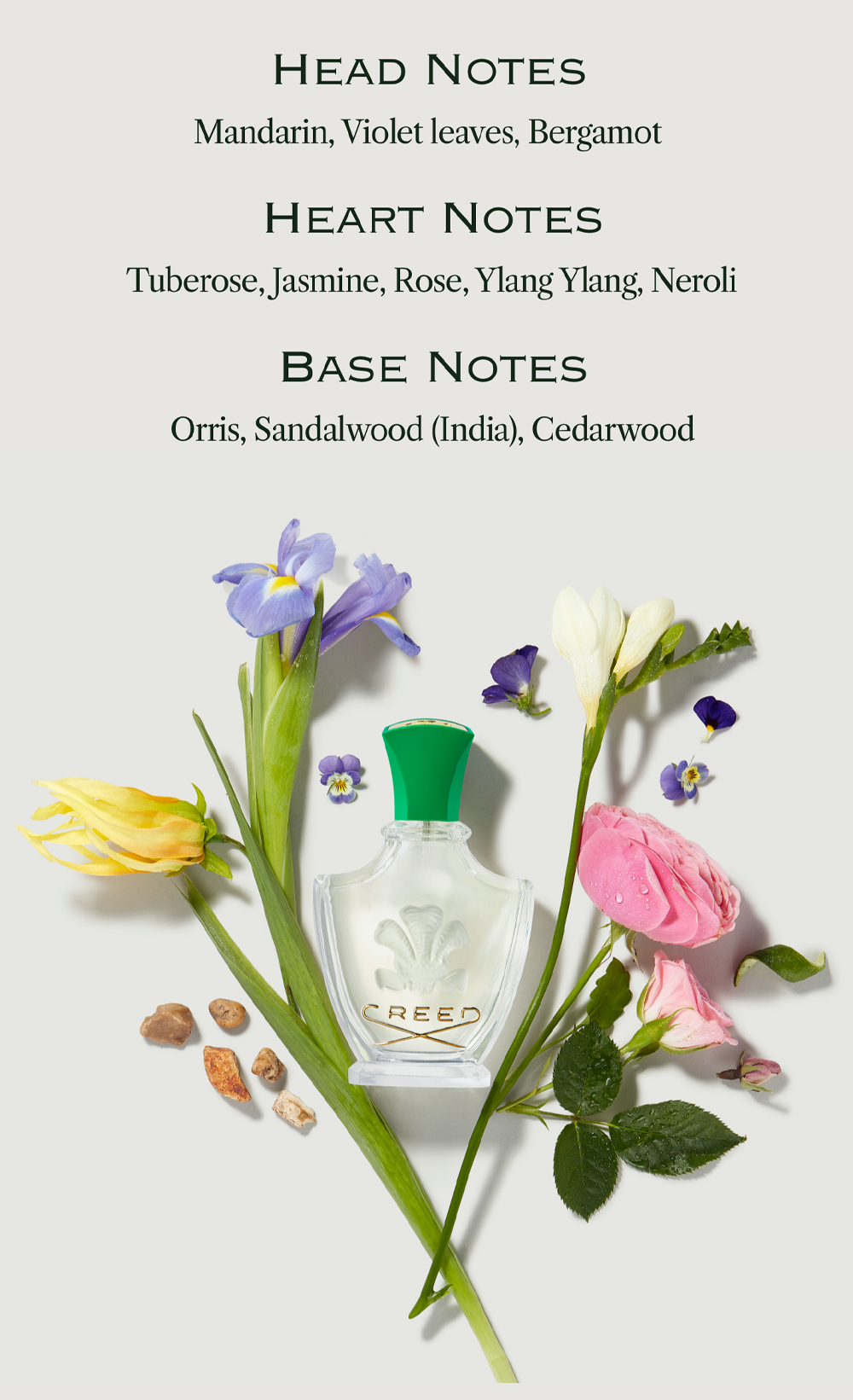 A Creed perfume bottle is displayed with various flowers and stones and text listing fragrance notes: HEAD NOTES Mandarin, Violet leaves, Bergamot HEART NOTES Tuberose, Jasmine, Rose, Ylang Ylang, Neroli BASE NOTES Orris, Sandalwood (India), Cedarwood, with CREED visible on the bottle.