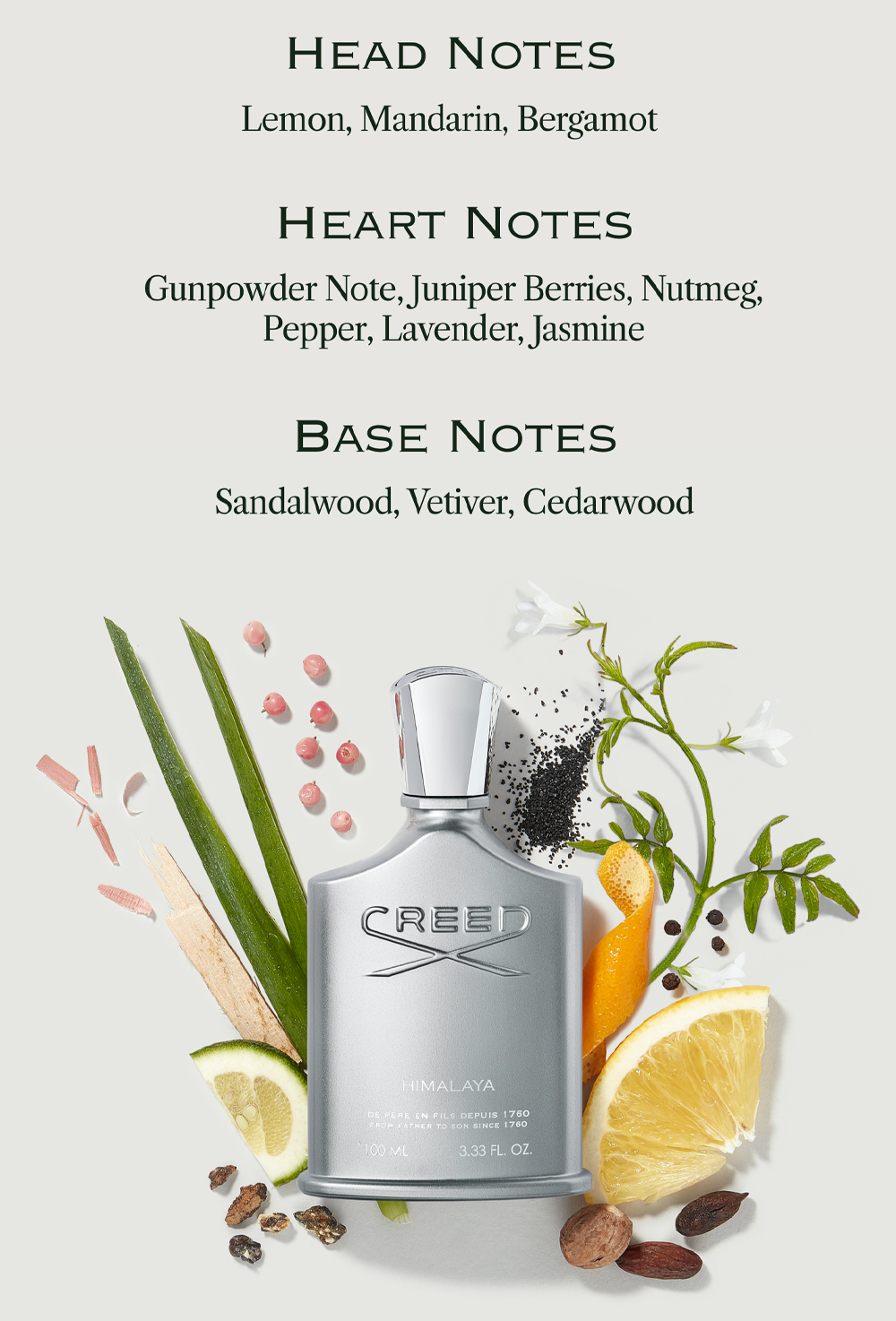 A silver Creed Himalaya fragrance bottle is depicted with ingredients and text detailing the scent notes: Head Notes Lemon, Mandarin, Bergamot, Heart Notes Gunpowder Note, Juniper Berries, Nutmeg, Pepper, Lavender, Jasmine, Base Notes Sandalwood, Vetiver, Cedarwood, and bottle text Creed Himalaya De Pere En Fils Depuis 1760 From Father To Son Since 1760 100 ML 3.33 FL. OZ.
