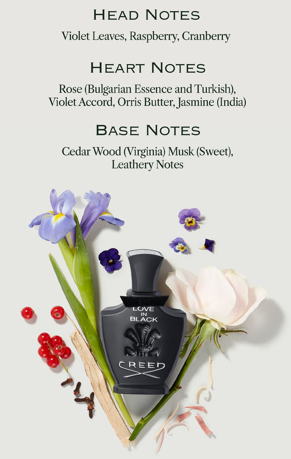 A black Creed perfume bottle labeled LOVE IN BLACK surrounded by flowers, berries, wood, and cloves, with text above listing fragrance notes: HEAD NOTES Violet Leaves, Raspberry, Cranberry HEART NOTES Rose (Bulgarian Essence and Turkish), Violet Accord, Orris Butter, Jasmine (India) BASE NOTES Cedar Wood (Virginia) Musk (Sweet), Leathery Notes.