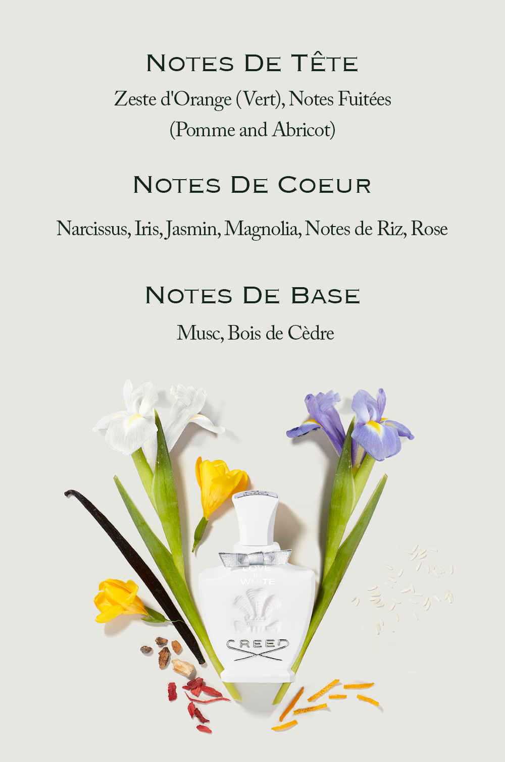 A white Creed perfume bottle surrounded by white and purple irises, a yellow flower, vanilla bean, rice, and dried ingredients, with text above describing fragrance notes: NOTES DE TÊTE, Zeste dOrange (Vert), Notes Fruitées (Pomme and Abricot), NOTES DE COEUR, Narcissus, Iris, Jasmin, Magnolia, Notes de Riz, Rose, NOTES DE BASE, Musc, Bois de Cèdre, and text on the bottle reading LOVE IN WHITE CREED.