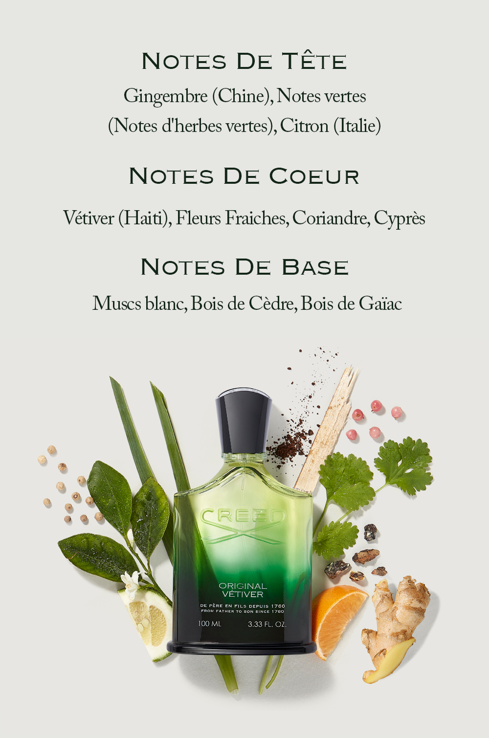 A green Creed Original Vétiver perfume bottle is pictured amongst ginger, orange, lemon, green leaves, pink peppercorns, and woody elements, above text listing fragrance notes NOTES DE TÊTE Gingembre (Chine), Notes vertes (Notes dherbes vertes), Citron (Italie) NOTES DE COEUR Vétiver (Haïti), Fleurs Fraîches, Coriandre, Cyprès NOTES DE BASE Muscs blanc, Bois de Cèdre, Bois de Gaïac CREED ORIGINAL VÉTIVER DE PÈRE EN FILS DEPUIS 1760 FROM FATHER TO SON SINCE 1760 100 ML 3.33 FL. OZ.
