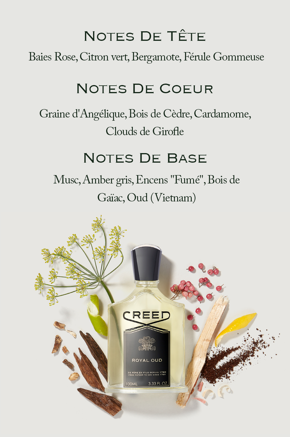 A bottle of Creed Royal Oud perfume is shown surrounded by ingredients such as wood, pink berries, and fennel, with text listing the fragrance notes: NOTES DE TÊTE Baies Rose, Citron vert, Bergamote, Férule Gommeuse NOTES DE COEUR Graine dAngélique, Bois de Cèdre, Cardamome, Clouds de Girofle NOTES DE BASE Musc, Amber gris, Encens Fumé, Bois de Gaïac, Oud (Vietnam), and the bottle label reading CREED ROYAL OUD DE PÈRE EN FILS DEPUIS 1760 FROM FATHER TO SON SINCE 1760 100ML 3.33 FL. OZ.