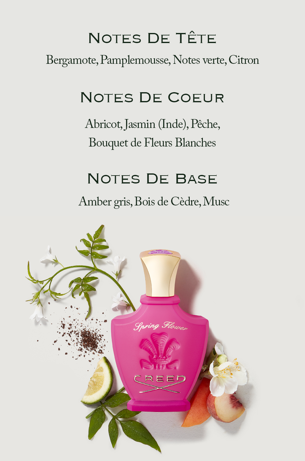 An image shows a pink Creed Spring Flower perfume bottle surrounded by ingredients, with text above listing the fragrance notes: NOTES DE TÊTE Bergamote, Pamplemousse, Notes verte, Citron, NOTES DE COEUR Abricot, Jasmin (Inde), Pêche, Bouquet de Fleurs Blanches, NOTES DE BASE Amber gris, Bois de Cèdre, Musc.