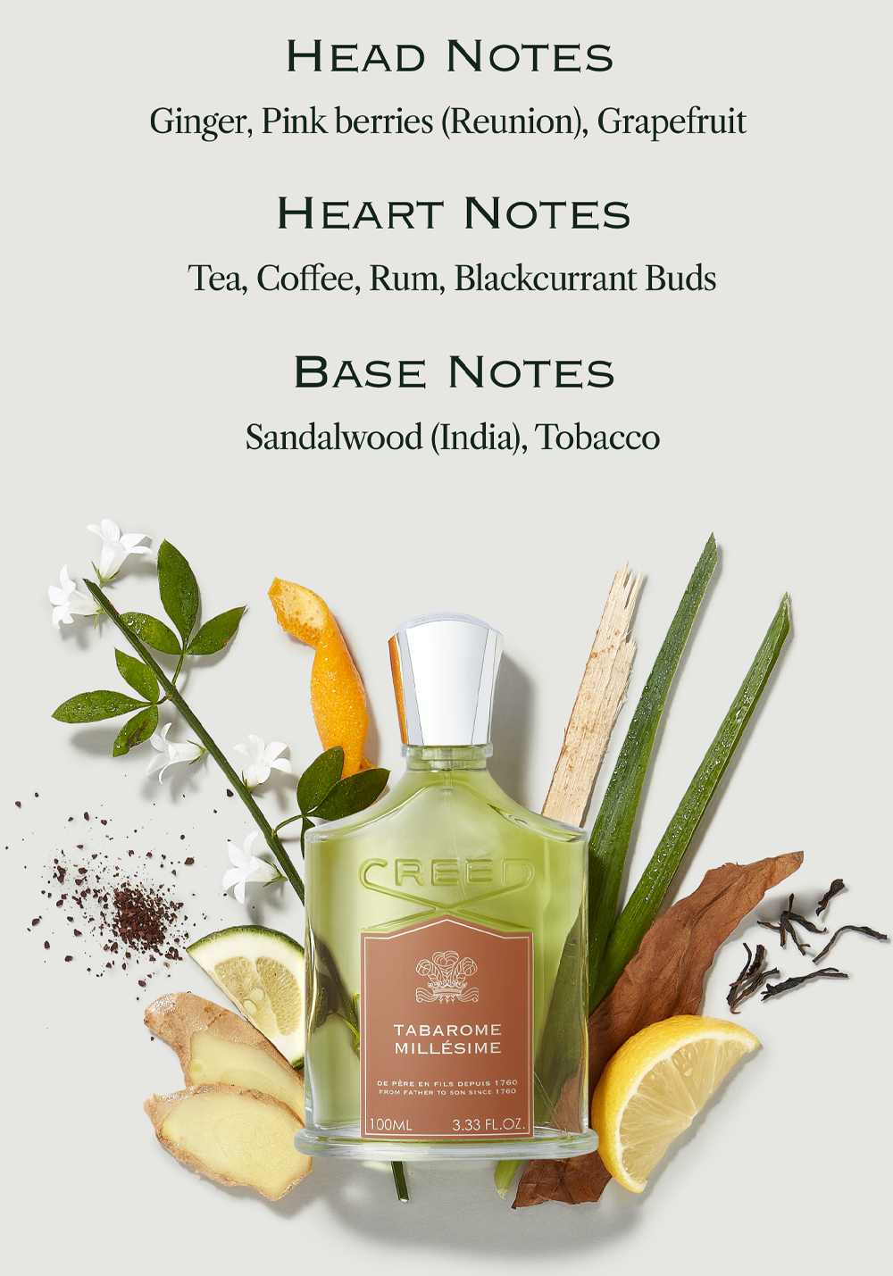 A bottle of Creed Tabarome Millesime fragrance is surrounded by ingredients like ginger, citrus, jasmine, tea, tobacco, and sandalwood, with fragrance notes listed above it: HEAD NOTES Ginger, Pink berries Reunion, Grapefruit HEART NOTES Tea, Coffee, Rum, Blackcurrant Buds BASE NOTES Sandalwood India, Tobacco CREED TABAROME MILLÉSIME DE PÈRE EN FILS DEPUIS 1760 FROM FATHER TO SON SINCE 1760 100ML 3.33 FL.OZ.