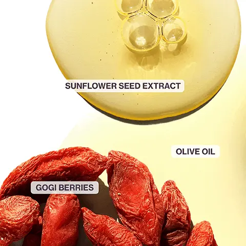 Image 1, sunflower seed extract olive oil gogi berries Image 2, benefit visibly strengthens and repairs damage on color treated hair