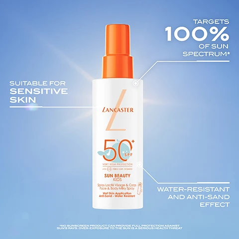 Image 1 - A bottle of Lancaster sunscreen with a bright orange cap, labeled SPF 50+, suitable for sensitive skin, and featuring text about targeting 100% of the sun spectrum, water resistance, and an anti-sand effect.
              Image 2 - A bottle of Lancaster Sun Beauty Kids sunscreen with an orange cap and pump, placed next to a dollop of cream; the text states 100% feel an immediate hydrating sensation and 100% agree skin is efficiently protected.
              Image 3 - A persons back is shown being sprayed with sunscreen while another hand applies the product; visible text reads APPLY GENEROUSLY ALL OVER THE BODY ON WET OR DRY SKIN BEFORE SUN EXPOSURE.
              Image 4 - An image featuring two Lancaster sunscreen products with the left spray bottle labeled SUN SENSITIVE and the right bottle labeled SUN BEAUTY KIDS and the text NEW PACK above them.