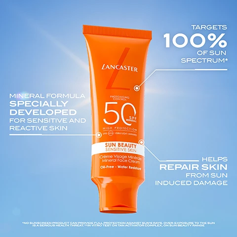Image 1 - A tube of Lancaster Sun Beauty Sensitive Skin cream with an orange cap and label displays the text SPF 50 HIGH PROTECTION and MINERAL FORMULA SPECIALLY DEVELOPED FOR SENSITIVE AND REACTIVE SKIN against a blue background.
              Image 2 - A close-up image of a woman applying a cream to her face, with visible instructions on the side reading SPREAD (1) ONTO FACE & NECKLINE, SMOOTH (2) OVER SEAMLESSLY, and REAPPLY (3) FOR BROAD PROTECTION & A TONED UP COMPLEXION.
              Image 3 - A tube of Lancaster sunscreen with an orange design is resting on a white spoon, accompanied by labels stating invisible flawless finish, bare skin sensation, and non-greasy formula.