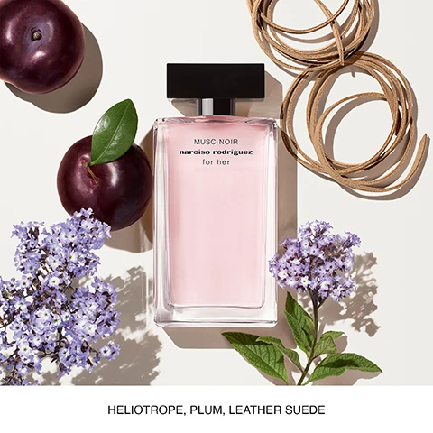 Image 1 - A clear glass perfume bottle labeled MUSC NOIR narciso rodriguez for her is surrounded by purple plums, lavender flowers, and leather suede strips on a light background, with text reading HELIOTROPE, PLUM, LEATHER SUEDE.
              Image 2 - Five perfume bottles arranged on a light background, labeled from left to right as Eau de Toilette, Eau de Parfum, Pure Musc, Musc Noir, Musc Noir Rose, and Musc Nude, with descriptions of their characteristics and fragrance notes listed below each bottle.