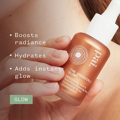 Image 1 - A person holding a brown bottle of facial serum labeled Pai THE IMPOSSIBLE GLOW with visible text stating Boosts radiance, Hydrates, Adds instant glow, and a green box with the word GLOW.
              Image 2 - Image shows a creamy, swirled orange product with text stating 86% said skin looks radiant along with certification symbols for organic, vegan, and B Corporation, and a note about an independent consumer trial of 172 subjects.