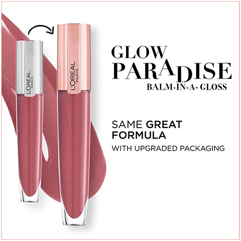 Image 1, glow paradise balm in a gloss. same great formula with upgraded packaging. Image 2, glow paradise balm in glow infused with hyaluronic acid and pomegrante extract. Image 3, lips so healthy looking they glow
