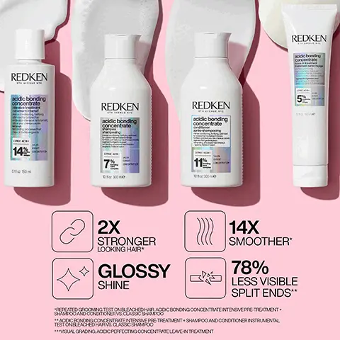 Image 1, Acidic bonding concentrate shampoo. 11 times smoother, 56% less breakage, silky finish and glossy shine, stronger looking hair immediate results. Image 2, REINFORCE WEAK BONDS* SAM VILLA 30012 DAMAGED BOND REPAIRED BOND *WITH CONTINUED USE OF ACIDIC BONDING CONCENTRATE INTENSIVE PRE-TREATMENT Image 3,REDKEN acidic bonding concontrato 5 100 ACIDIC PERFECTING CONCENTRATE LEAVE-IN TREATMENT A 1 INCREASED RESILIENCE AND MANAGEABILITY 78% LESS VISIBLE SPLIT ENDS* UP TO 230° HEAT PROTECTION STRONGER LOOKING HAIR IMMEDIATE RESULTS** *VISUAL GRADING ACIDIC PERFECTING CONCENTRATE LEAVE-IN TREATMENT **WHEN USING ACIDIC PERFECTING CONCENTRATE LEAVE-IN TREATMENT Image 4, PROTECT WEAK BONDS* FOR DAMAGED HAIR MILD DRYNESS + DAMAGE Use Intensive Pre-Treatment with any Redken shampoo REDKEN REDKEN + 142 7 SEVERE DRYNESS + DAMAGE Use Intensive Pre-Treatment with the full Acidic Bonding Concentrate system *With continued use RECKEN REDKEN REDKEN REDKEN 52 142 7 11