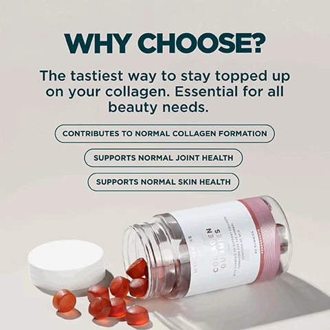 Image 1 - An image shows a clear jar of red collagen gummies spilled on a light surface with the white lid next to it, accompanied by text that reads: WHY CHOOSE? The tastiest way to stay topped up on your collagen. Essential for all beauty needs. CONTRIBUTES TO NORMAL COLLAGEN FORMATION SUPPORTS NORMAL JOINT HEALTH SUPPORTS NORMAL SKIN HEALTH. The jar label reads: MYVITAMINS COLLAGEN GUMMIES WITH VITAMIN E TO SUPPORT COLLAGEN FORMATION FOR THE NORMAL FUNCTION OF SKIN 60 GUMMIES POMEGRANATE. Image 2 - A close-up of many reddish-orange, translucent gummy candies with the white text FORMED USING PURE MARINE COLLAGEN. Image 3 - A single red round gummy is displayed with its dimensions of 21mm width and 9mm height, next to the text Daily Suggested Serving - 1 Gummy. Image 4 - A white box displays a table of active ingredients for a supplement, with text that reads: NUTRITIONAL INFORMATION ACTIVE INGREDIENTS Daily Serving 1 Gummy Vitamin A 1200µg (150%) Collagen 500.0mg Vitamin C 80mg (100%) *NRV - Nutrient Reference Value.