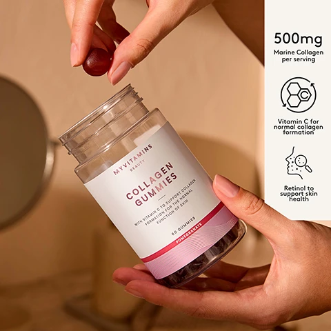 Image 1 - A person holds a red gummy over an open clear bottle of Myvitamins Beauty Collagen Gummies filled with dark red gummies, with bottle label text reading MYVITAMINS BEAUTY, COLLAGEN GUMMIES, WITH VITAMIN C TO SUPPORT COLLAGEN FORMATION FOR THE NORMAL FUNCTION OF SKIN, 60 GUMMIES, POMEGRANATE, and a side panel listing 500mg Marine Collagen per serving, Vitamin C for normal collagen formation, Retinol to support skin health. Image 2 - A customer review displaying five white stars on a light pink background, stating: I started using these approx 9 months ago and I think they are fab. Theres a lot of choice when it comes to collagen but after a lot of research these gummies rate highly and the dont break the bank! Ive recommended them to loads of friends and family now Verified Myvitamins Customer.