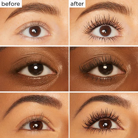 Image 1, before and after. image 2, before and after on thin lashes, short lashes and brittle lashes. image 3, 35% increase in lash curl. based on a clinical study of 33 subjects. image 4, before and after. image 5, 24 hour flake free, smudge proof and longwear. based on a clinical study of 33 subjects. image 6, insant lash lift. 2 in 1 want, short bristles intensely volumize. long bristles - instantly curl. image 7, full size vs travel size. image 8, powered by provitamin B% - hydrates lashes. olive esters - condition and protect. rice bran wax - lengthens appearance.